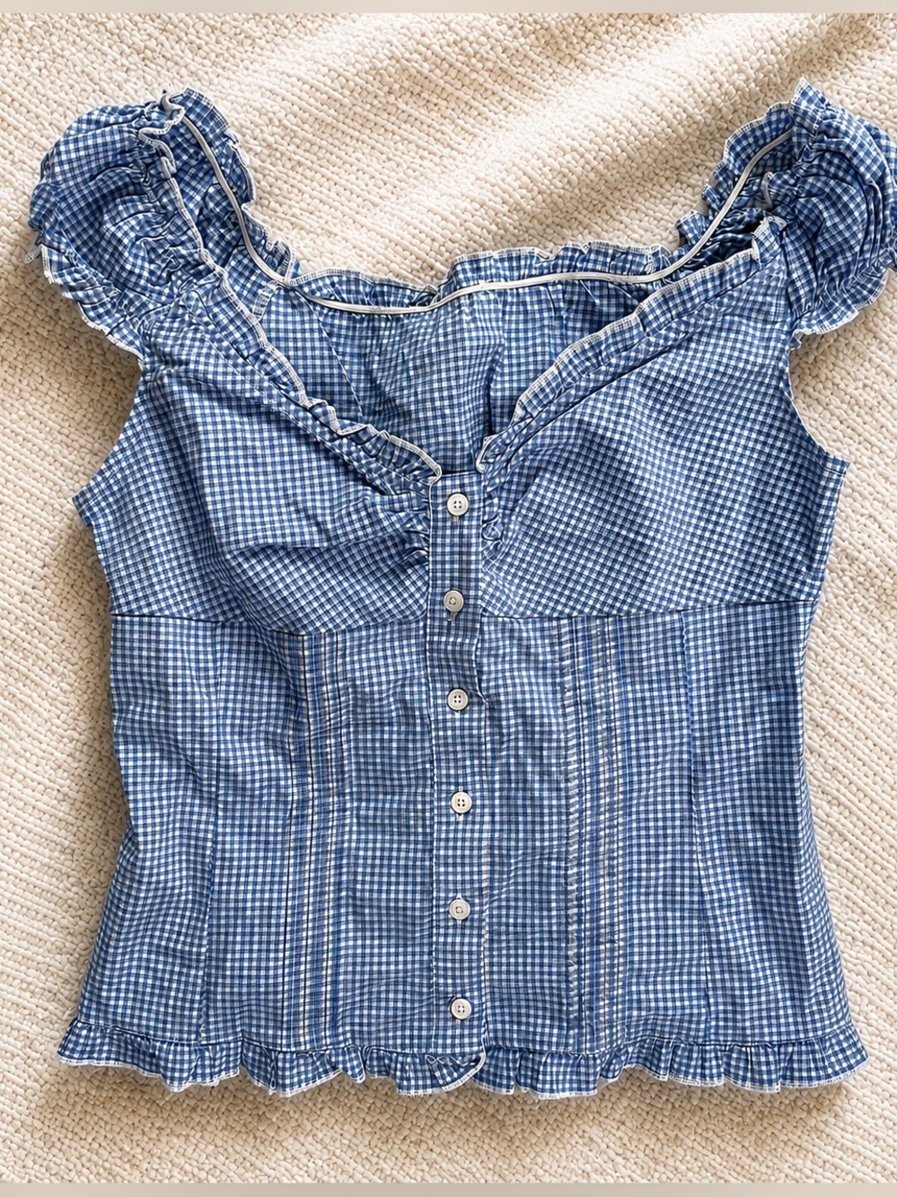 John Galt Blue Gingham Elara Ruffle Top Brandy Melville Cap Puff Sleeve Blouse